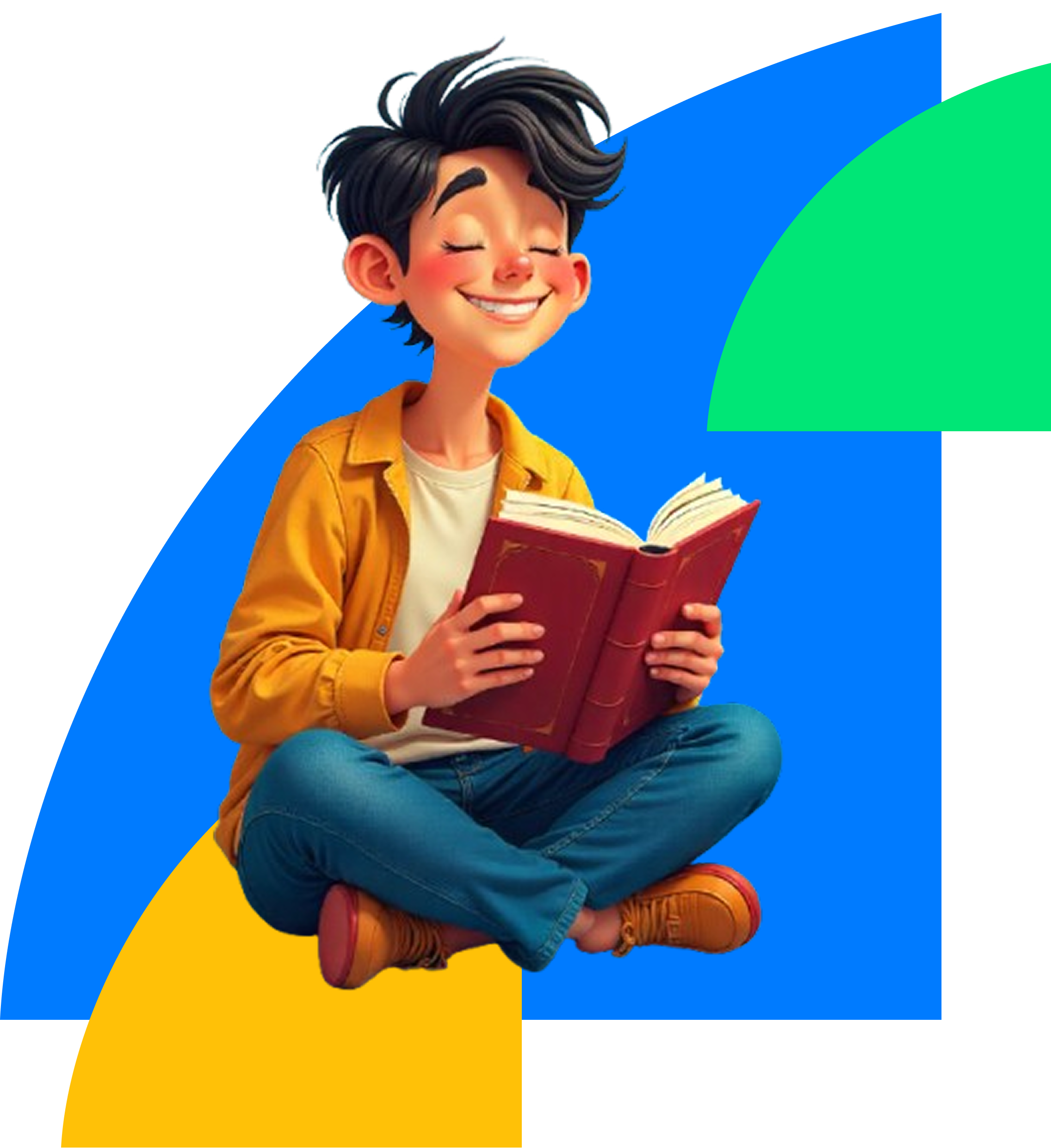 Garoto sentado feliz com um livro em mãos